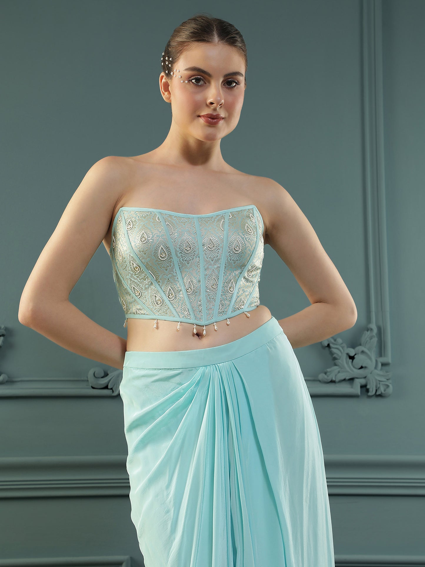 Ice-Blue Drape Skirt Set