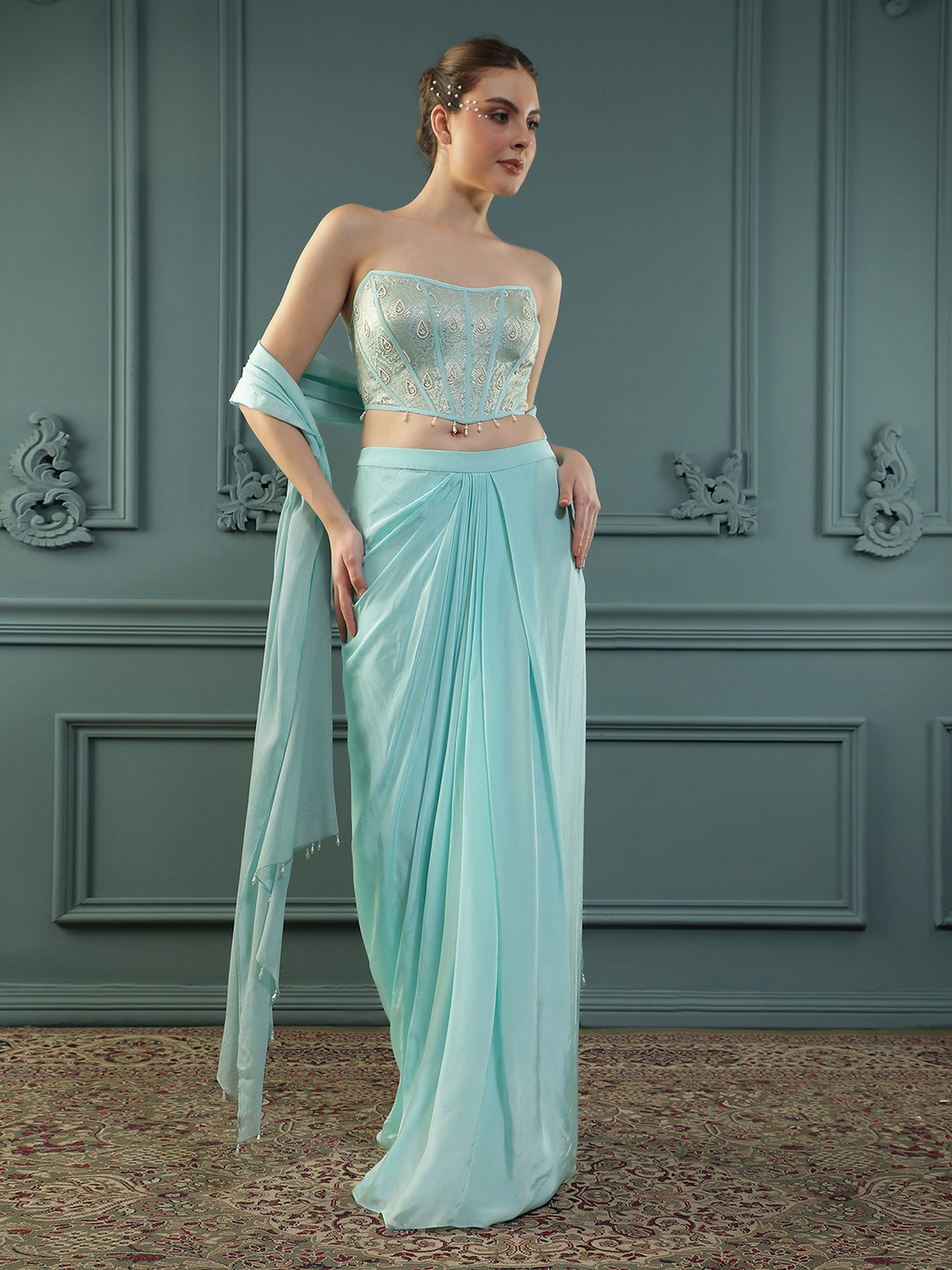 Ice-Blue Drape Skirt Set