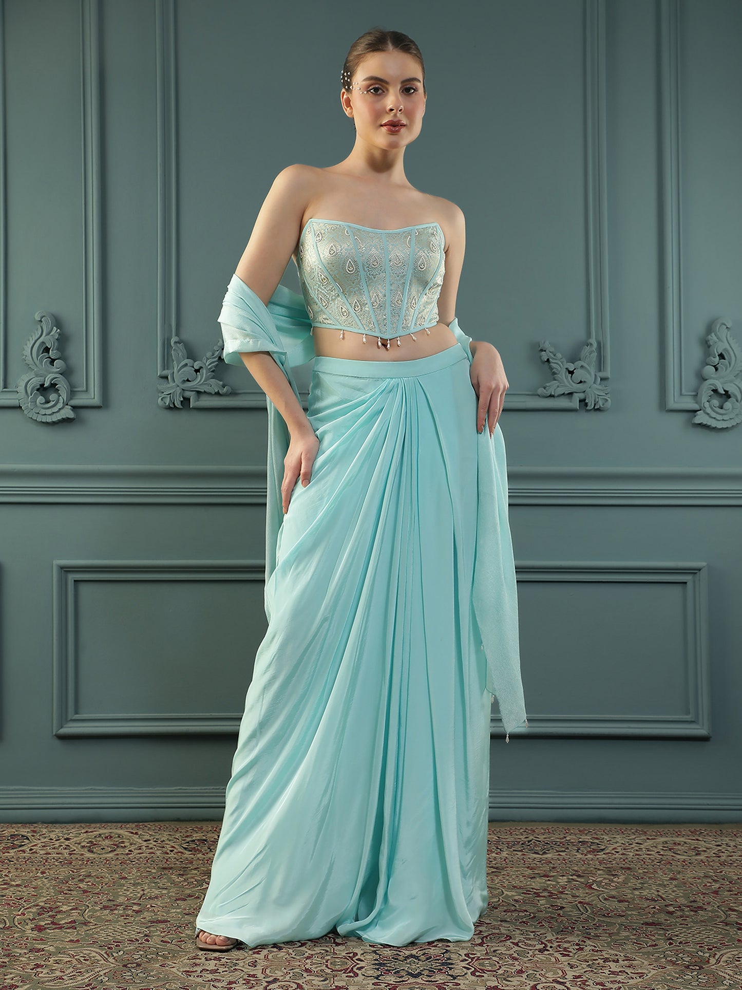 Ice-Blue Drape Skirt Set