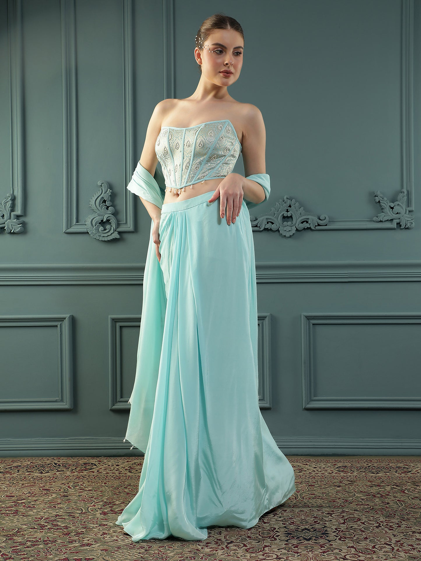 Ice-Blue Drape Skirt Set