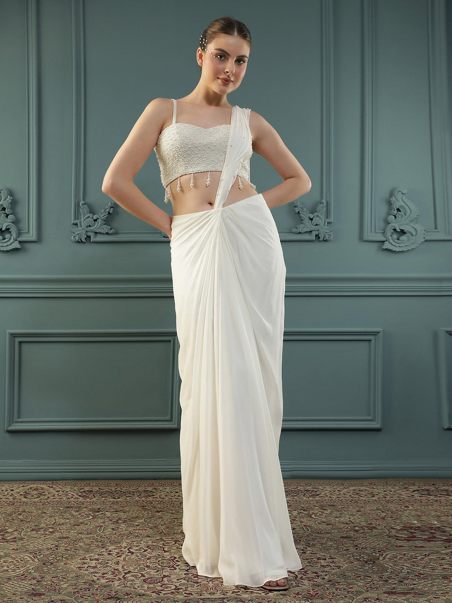 Pearl White Pre-Drape Saree