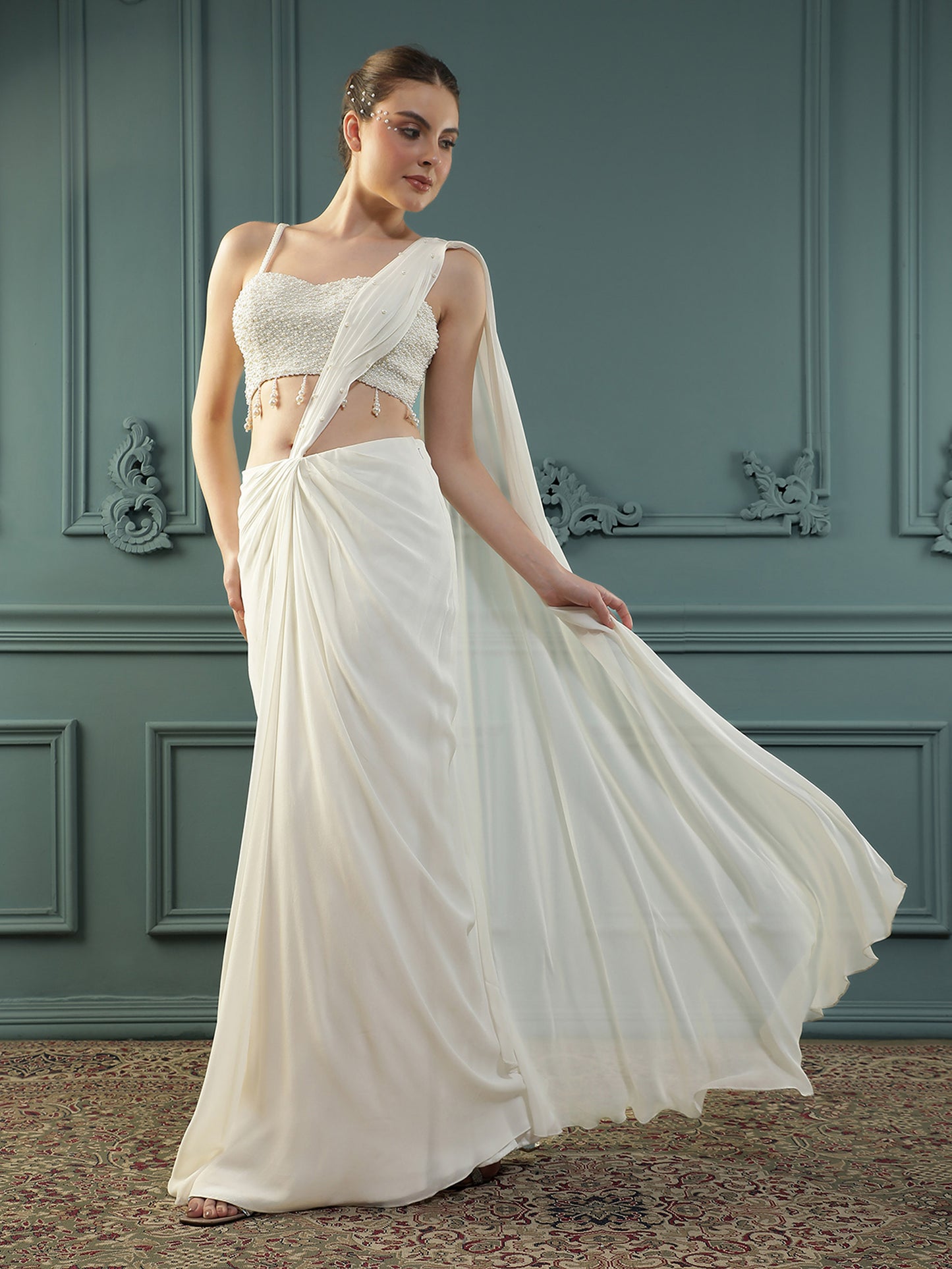 Pearl White Pre-Drape Saree