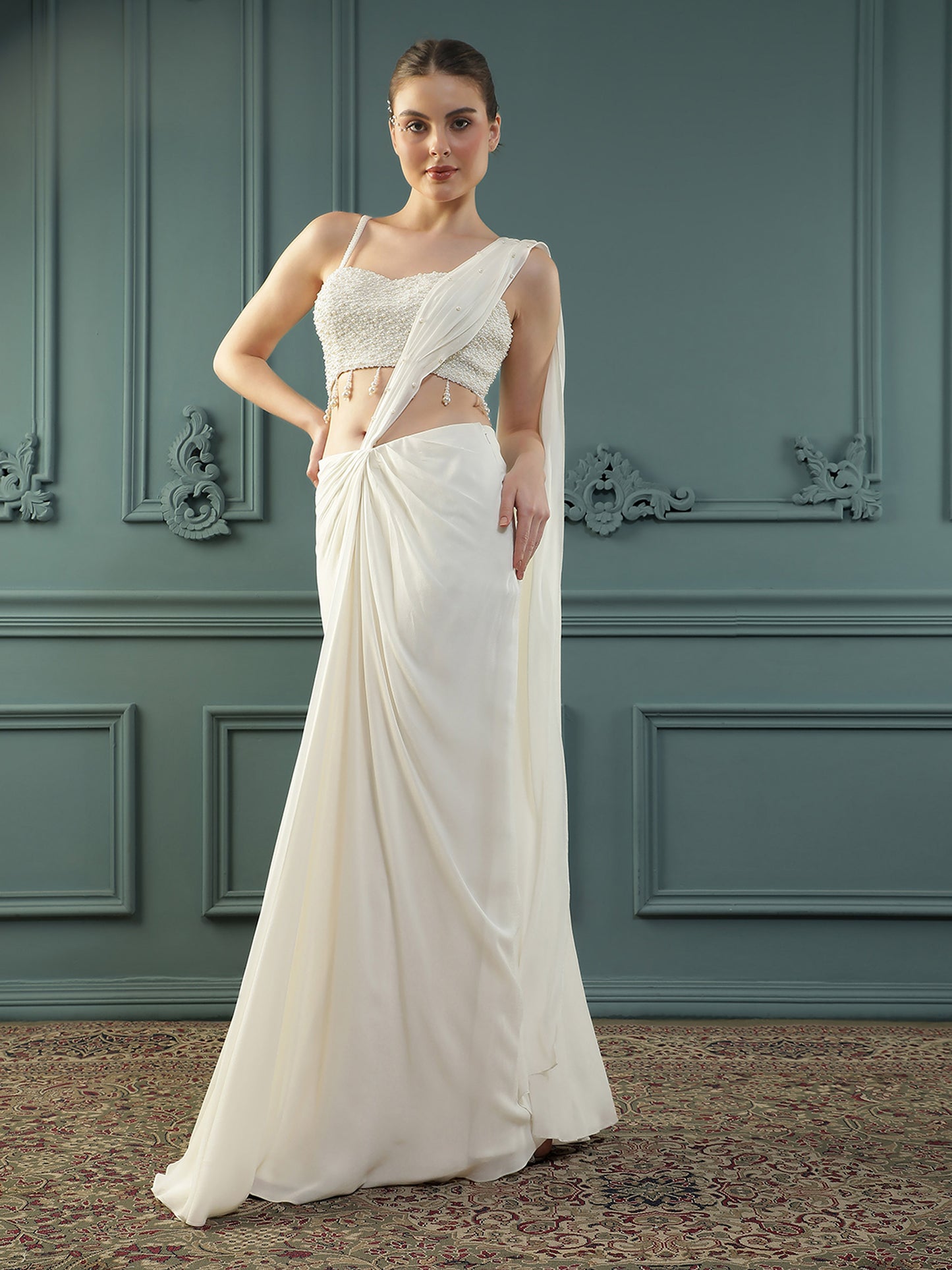 Pearl White Pre-Drape Saree