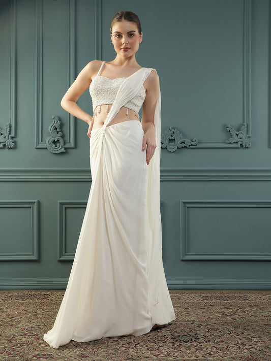 Pearl White Pre-Drape Saree