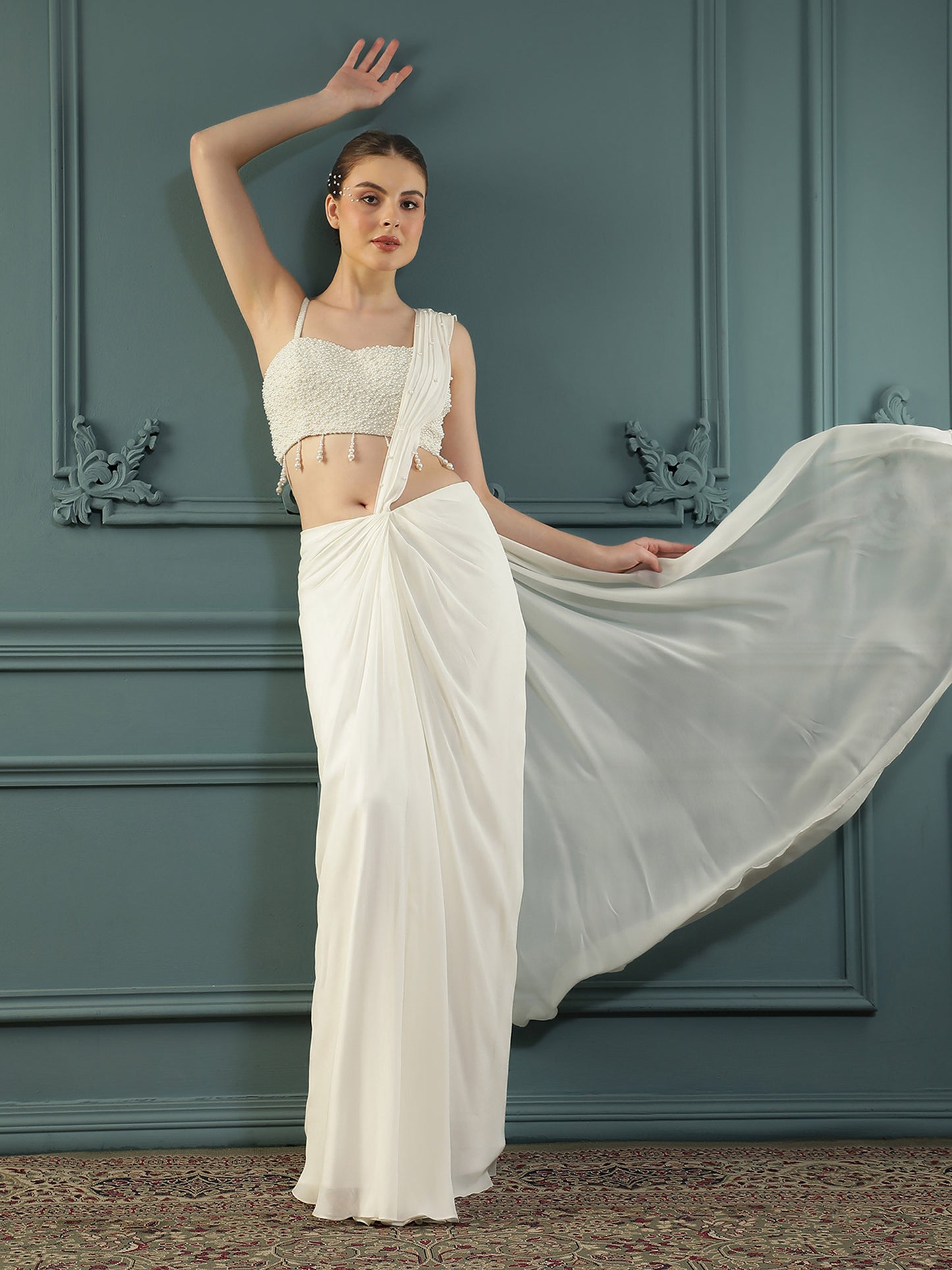 Pearl White Pre-Drape Saree