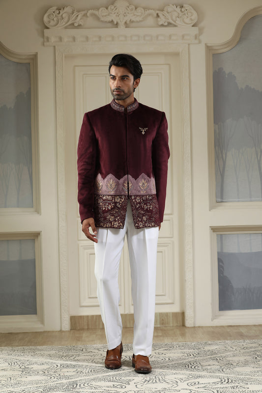 Sher Bagh - Maroon Italian Viscose & Velvet Zari Work Festive Bandhgala Set