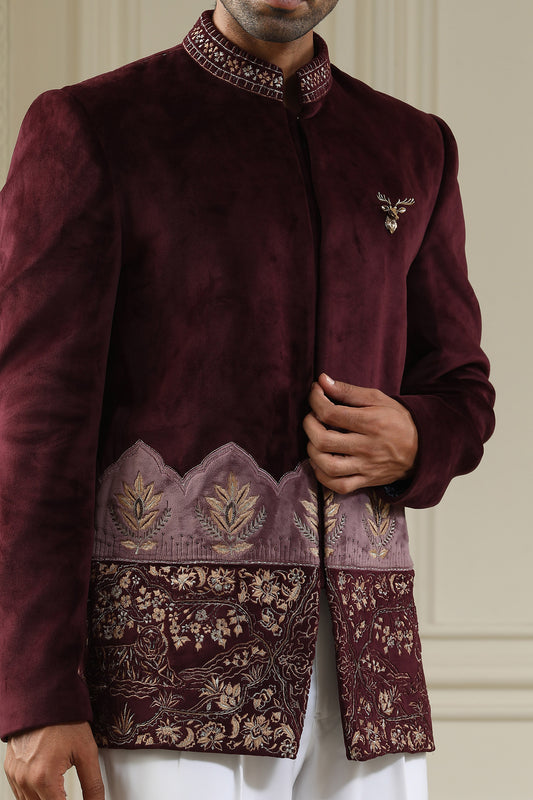 Sher Bagh - Maroon Italian Viscose & Velvet Zari Work Festive Bandhgala Set