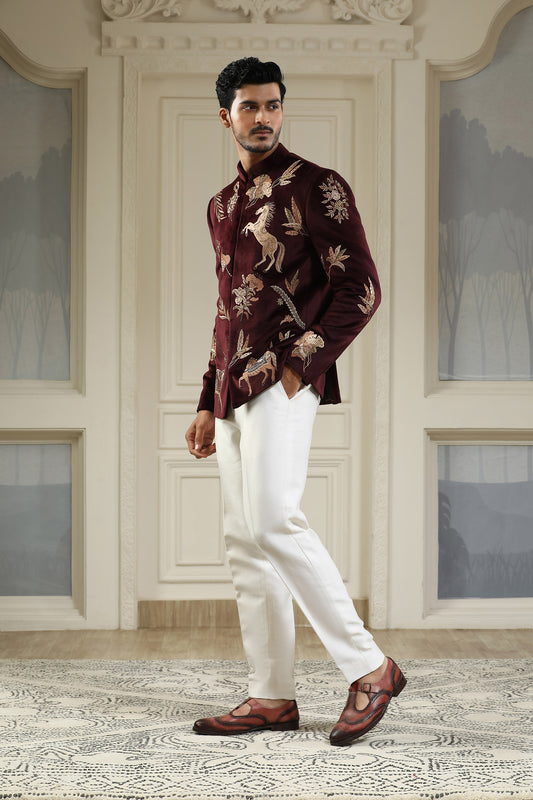 Ashv Mrig  - Maroon Velvet & Silk Zari & Pearl Work Engagement Bandhgala Set