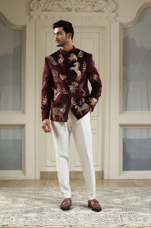 Ashv Mrig  - Maroon Velvet & Silk Zari & Pearl Work Engagement Bandhgala Set