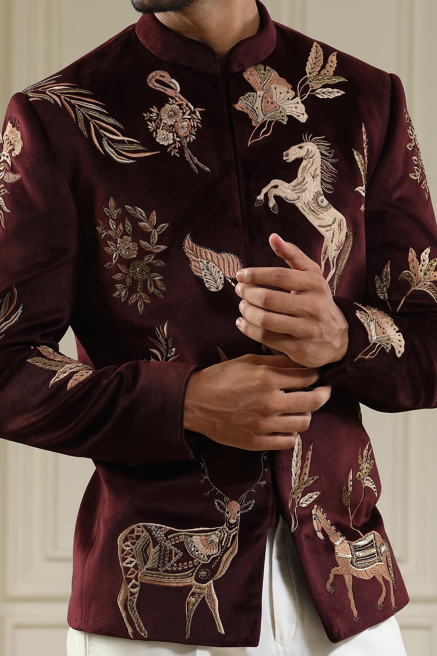 Ashv Mrig  - Maroon Velvet & Silk Zari & Pearl Work Engagement Bandhgala Set