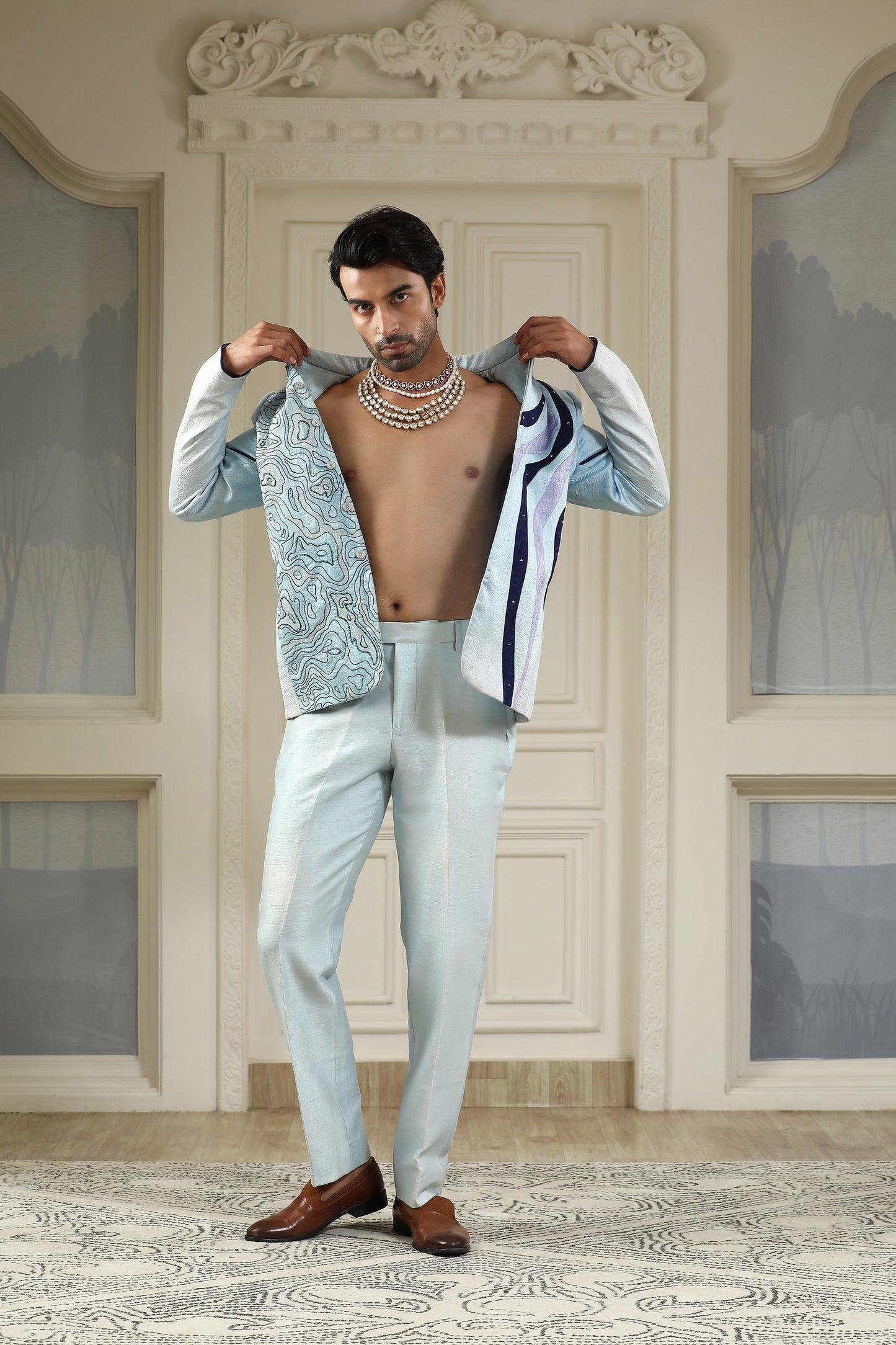 Neel Samudra - Sea Blue Silk Resham & Zari Embroidered Festive Bandhgala