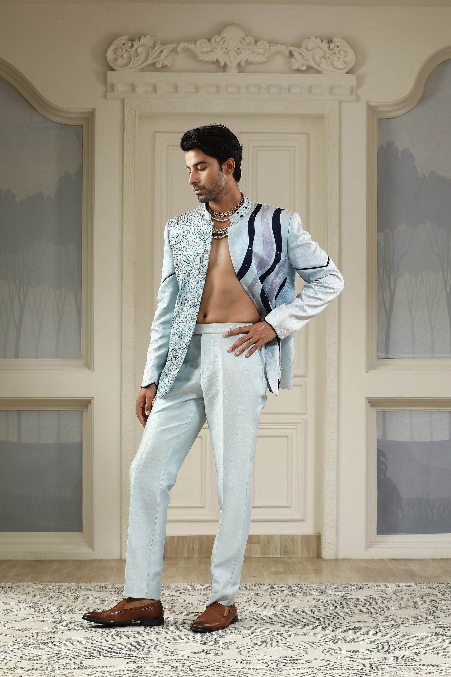 Neel Samudra - Sea Blue Silk Resham & Zari Embroidered Festive Bandhgala