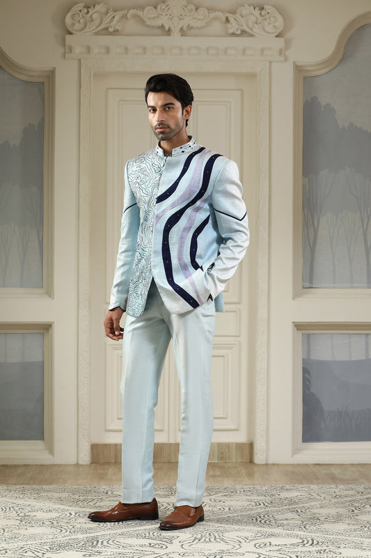 Neel Samudra - Sea Blue Silk Resham & Zari Embroidered Festive Bandhgala