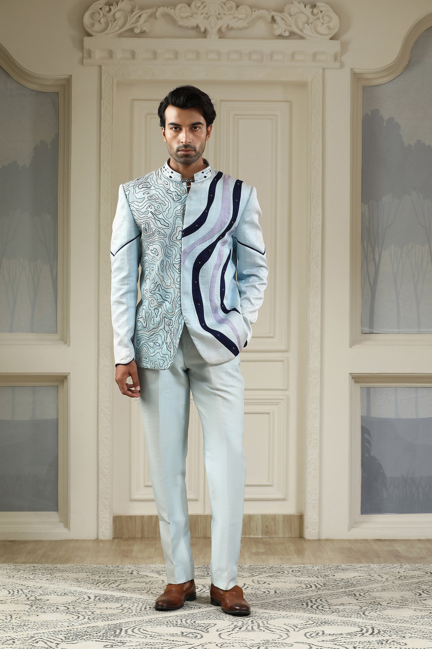 Neel Samudra - Sea Blue Silk Resham & Zari Embroidered Festive Bandhgala