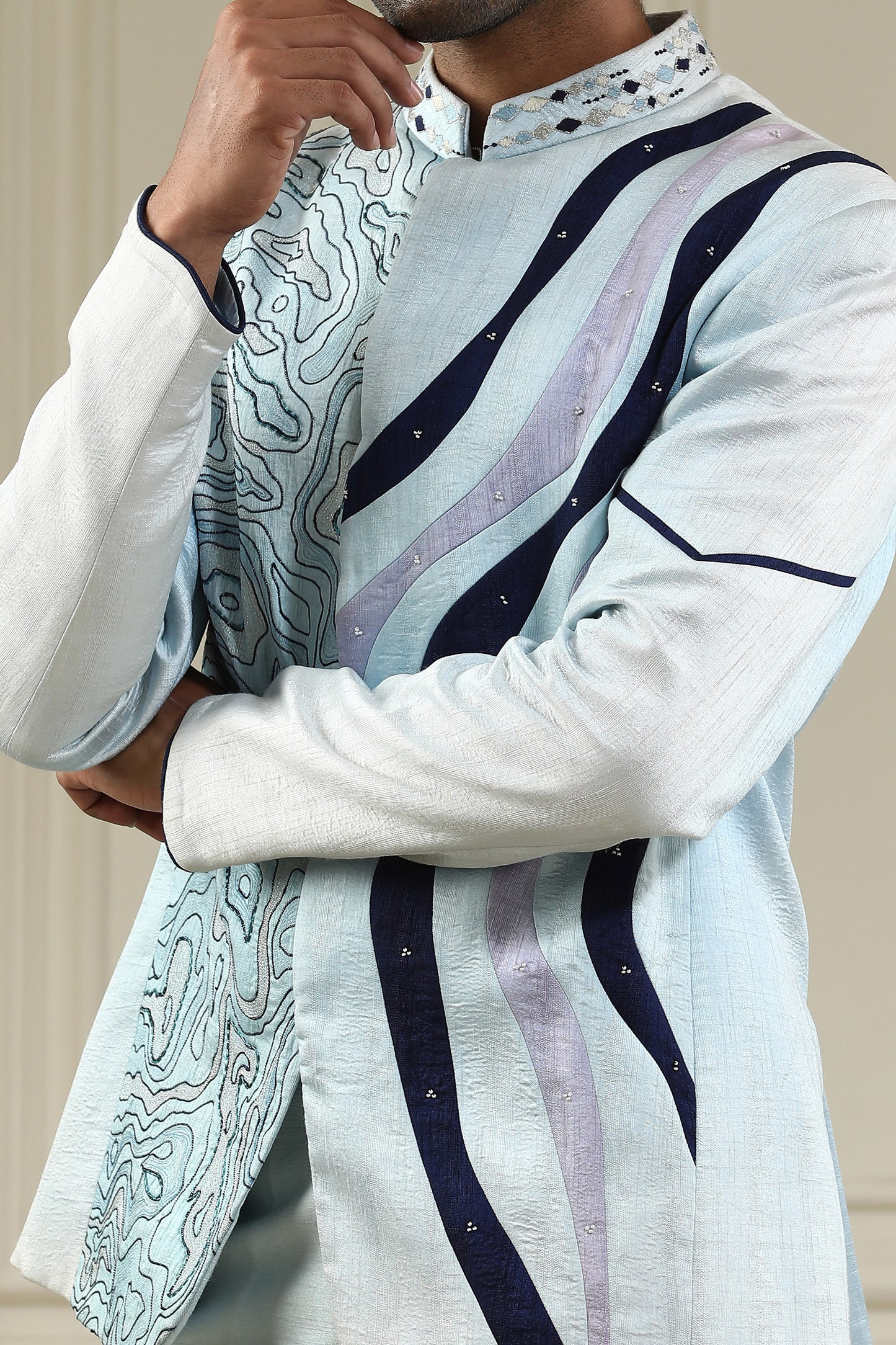 Neel Samudra - Sea Blue Silk Resham & Zari Embroidered Festive Bandhgala