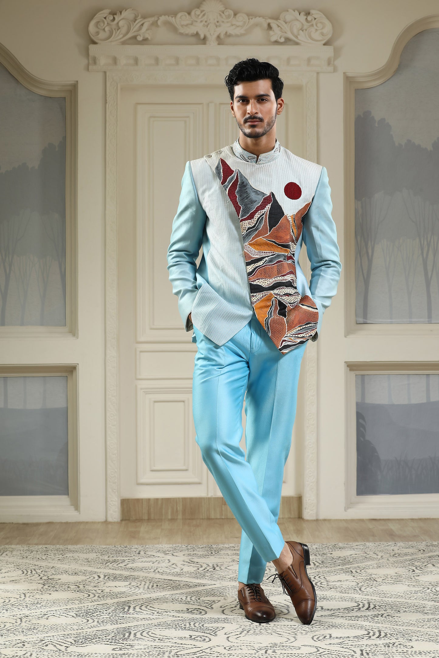 Parvat - Sea Blue Chanderi Silk Handpainted Sangeet Bandhgala