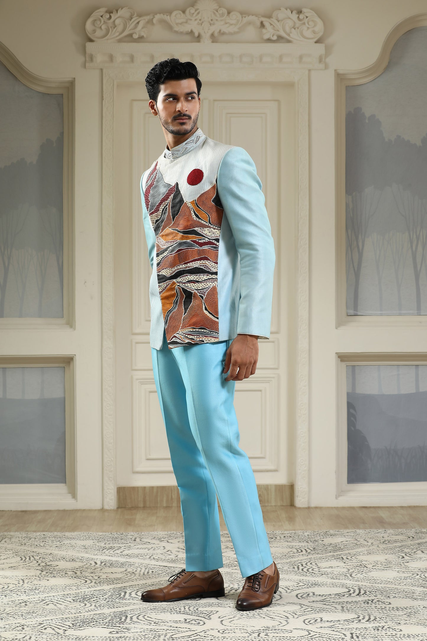 Parvat - Sea Blue Chanderi Silk Handpainted Sangeet Bandhgala