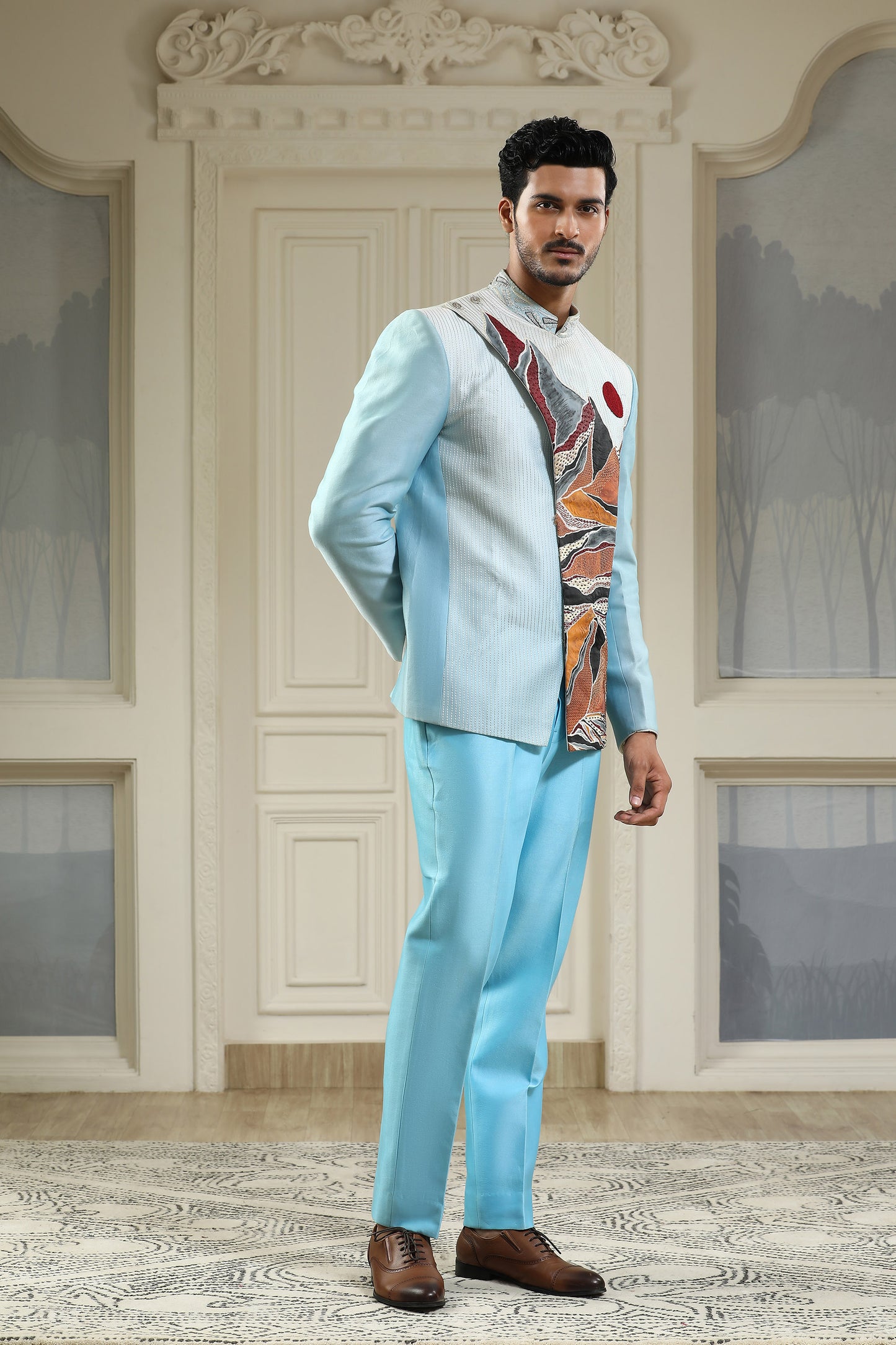 Parvat - Sea Blue Chanderi Silk Handpainted Sangeet Bandhgala