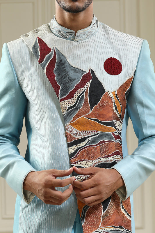 Parvat - Sea Blue Chanderi Silk Handpainted Sangeet Bandhgala