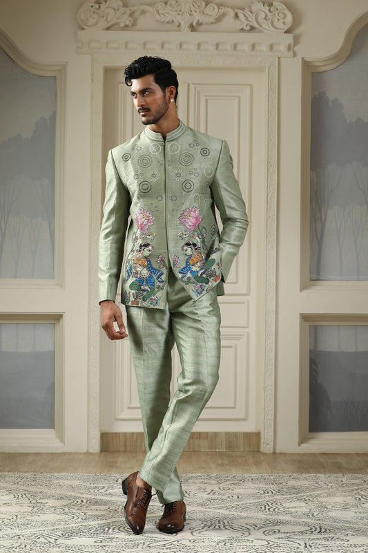 Nritya Kamal - Green Silk Handpainted Mehendi Bandhgala Set