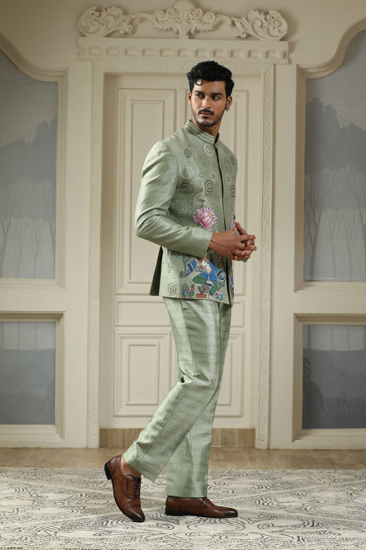 Nritya Kamal - Green Silk Handpainted Mehendi Bandhgala Set