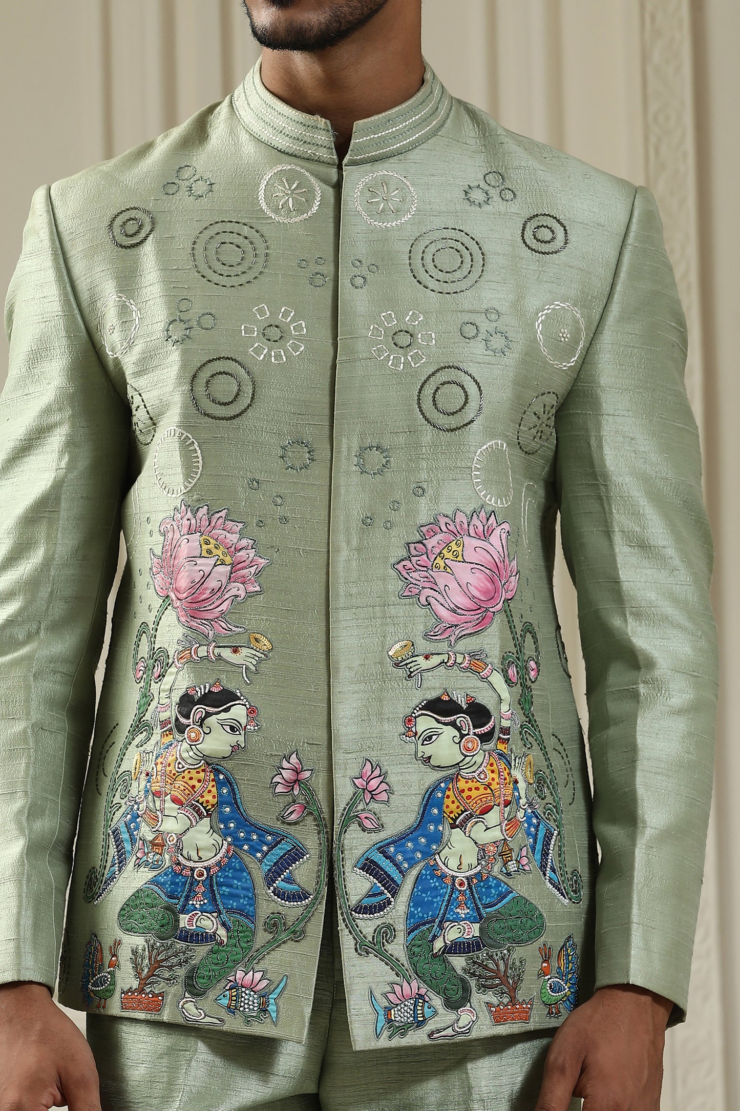 Nritya Kamal - Green Silk Handpainted Mehendi Bandhgala Set