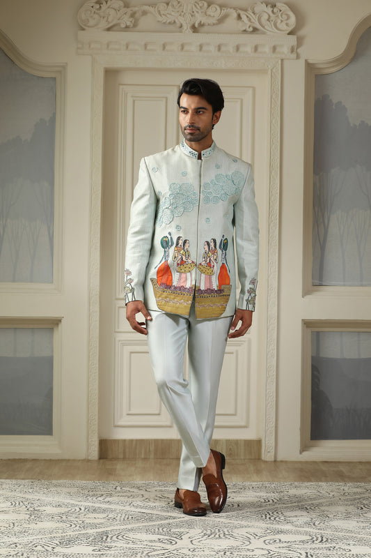 Kashti - Sea Blue Chanderi Silk Handpainted Sangeet Bandhgala Set