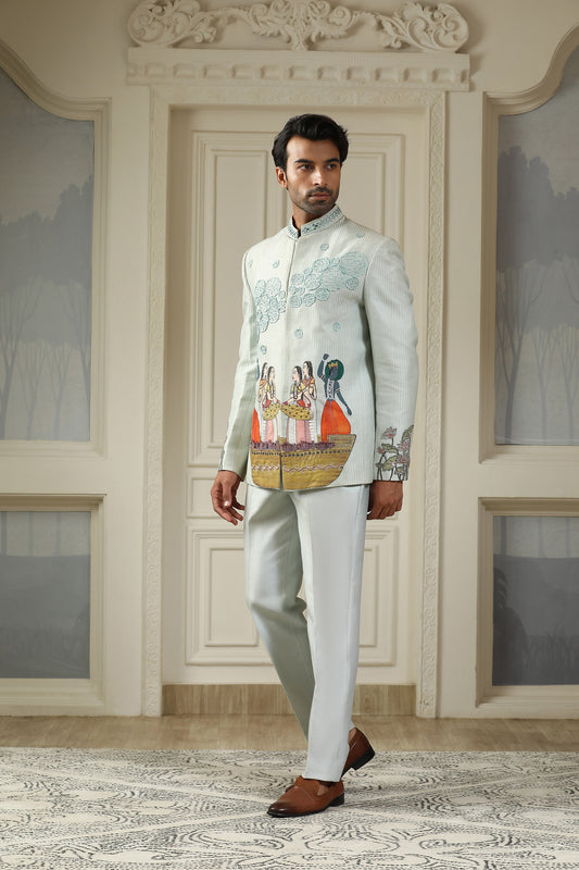 Kashti - Sea Blue Chanderi Silk Handpainted Sangeet Bandhgala Set