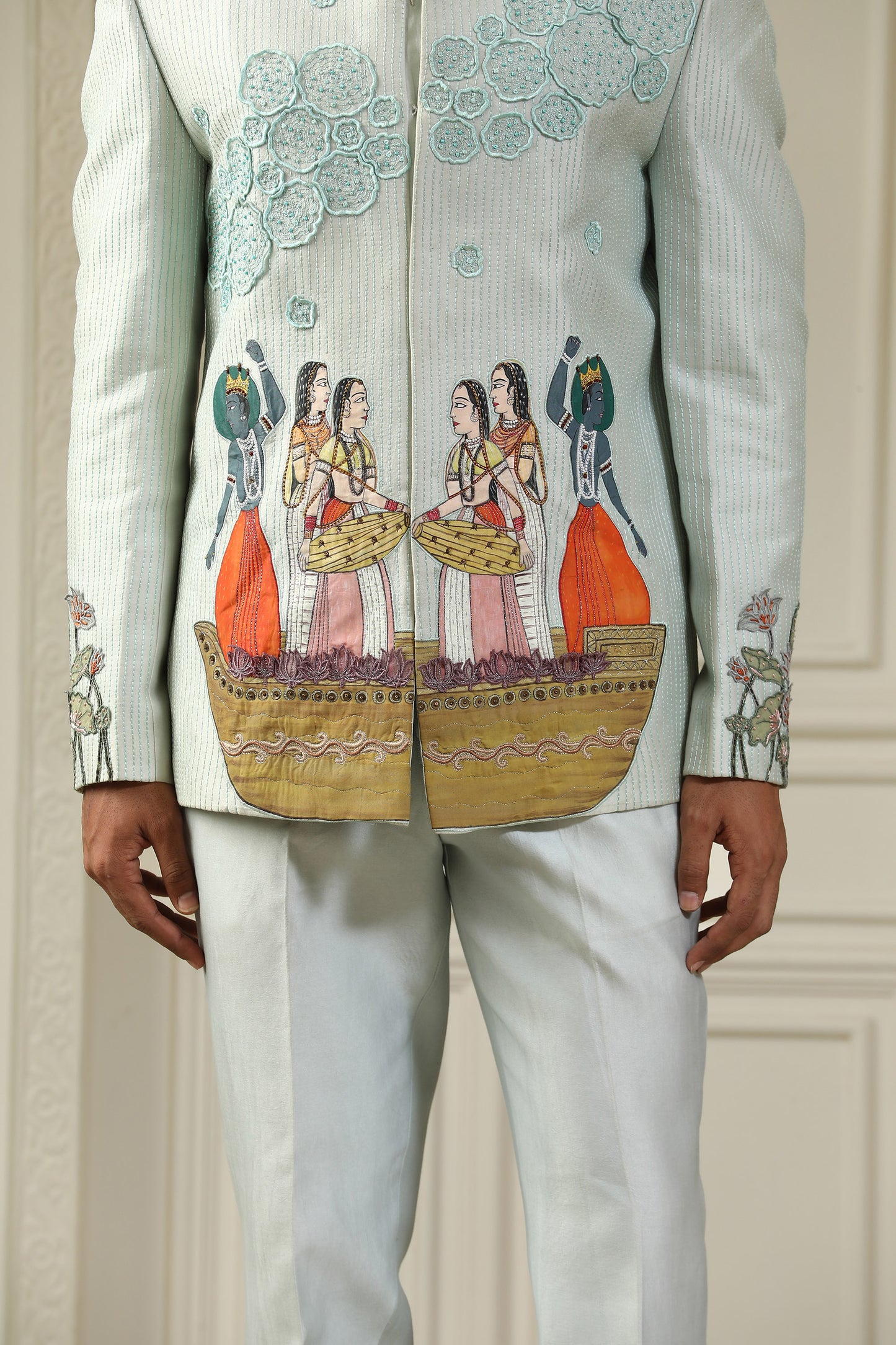 Kashti - Sea Blue Chanderi Silk Handpainted Sangeet Bandhgala Set