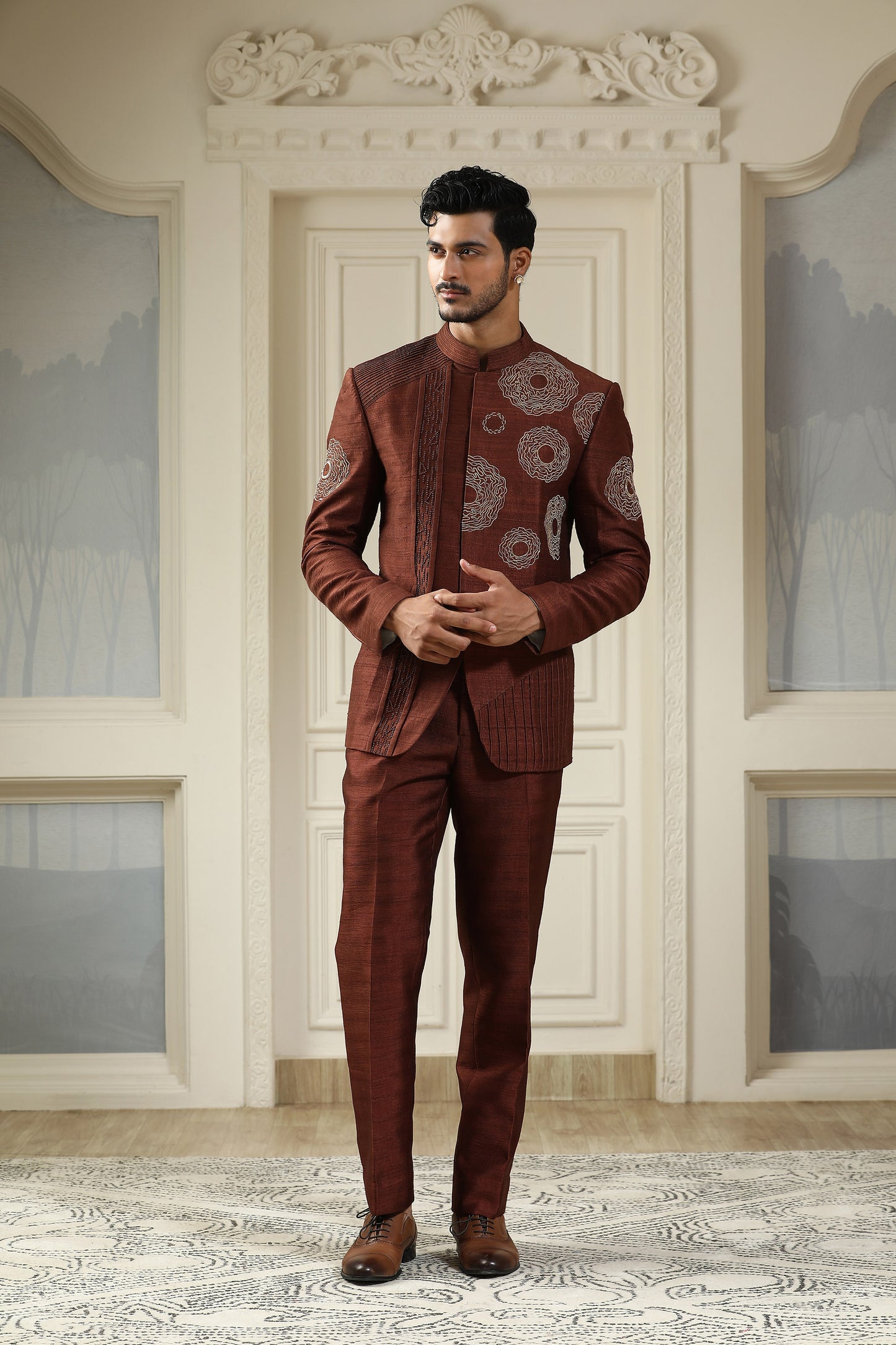 Samay Chakra - Brown Silk Pearl Embroidery Festive Bandhgala Set