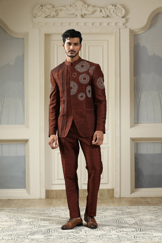 Samay Chakra - Brown Silk Pearl Embroidery Festive Bandhgala Set