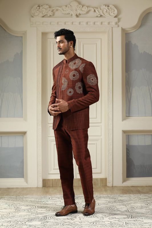 Samay Chakra - Brown Silk Pearl Embroidery Festive Bandhgala Set