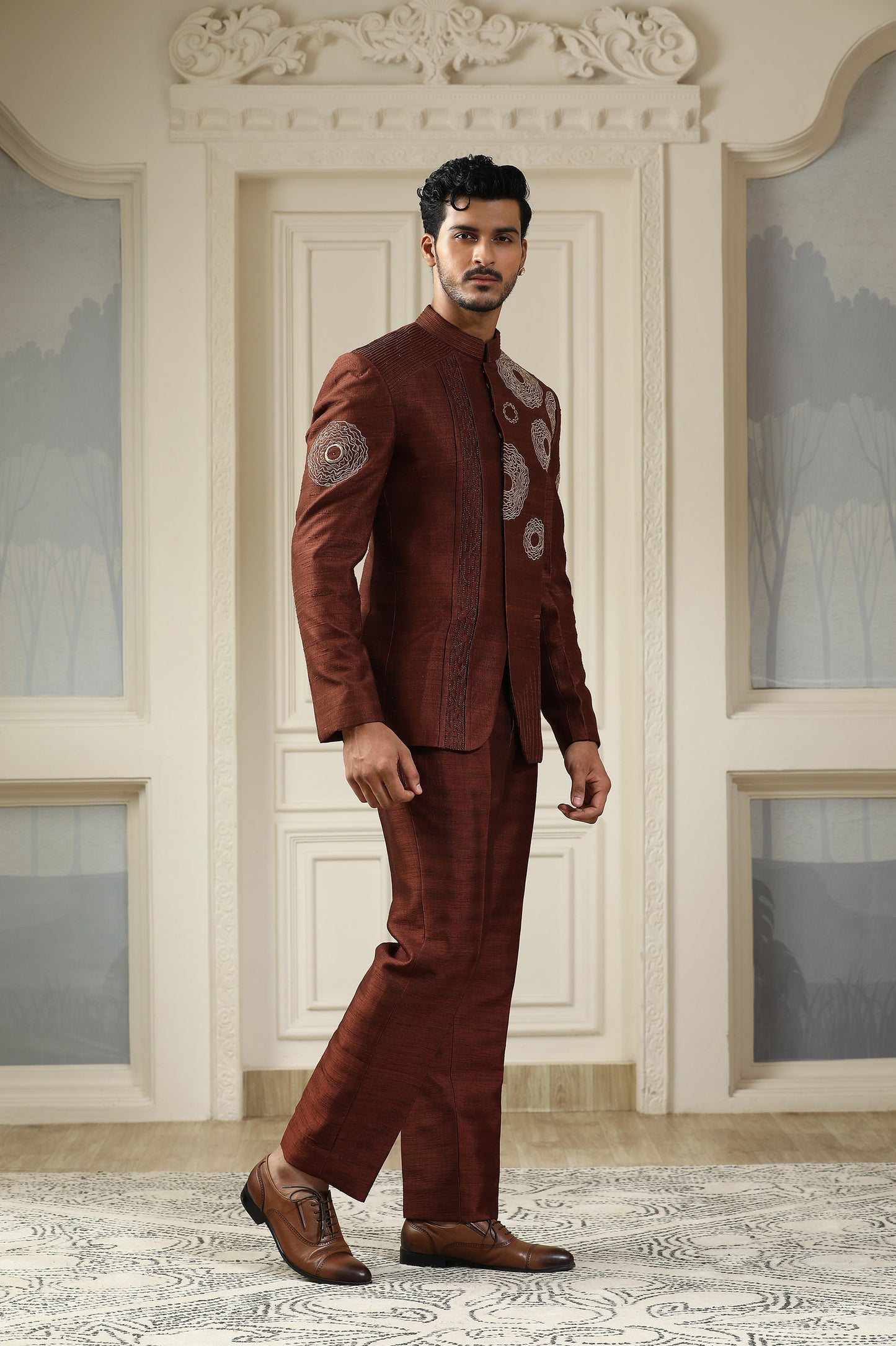 Samay Chakra - Brown Silk Pearl Embroidery Festive Bandhgala Set