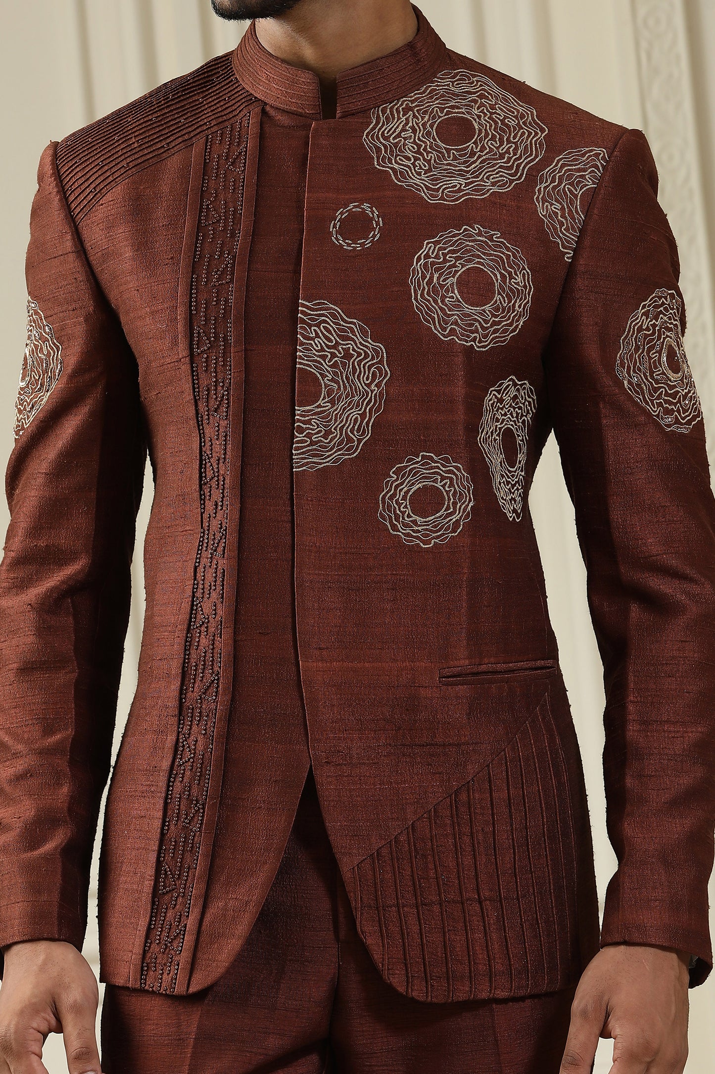 Samay Chakra - Brown Silk Pearl Embroidery Festive Bandhgala Set