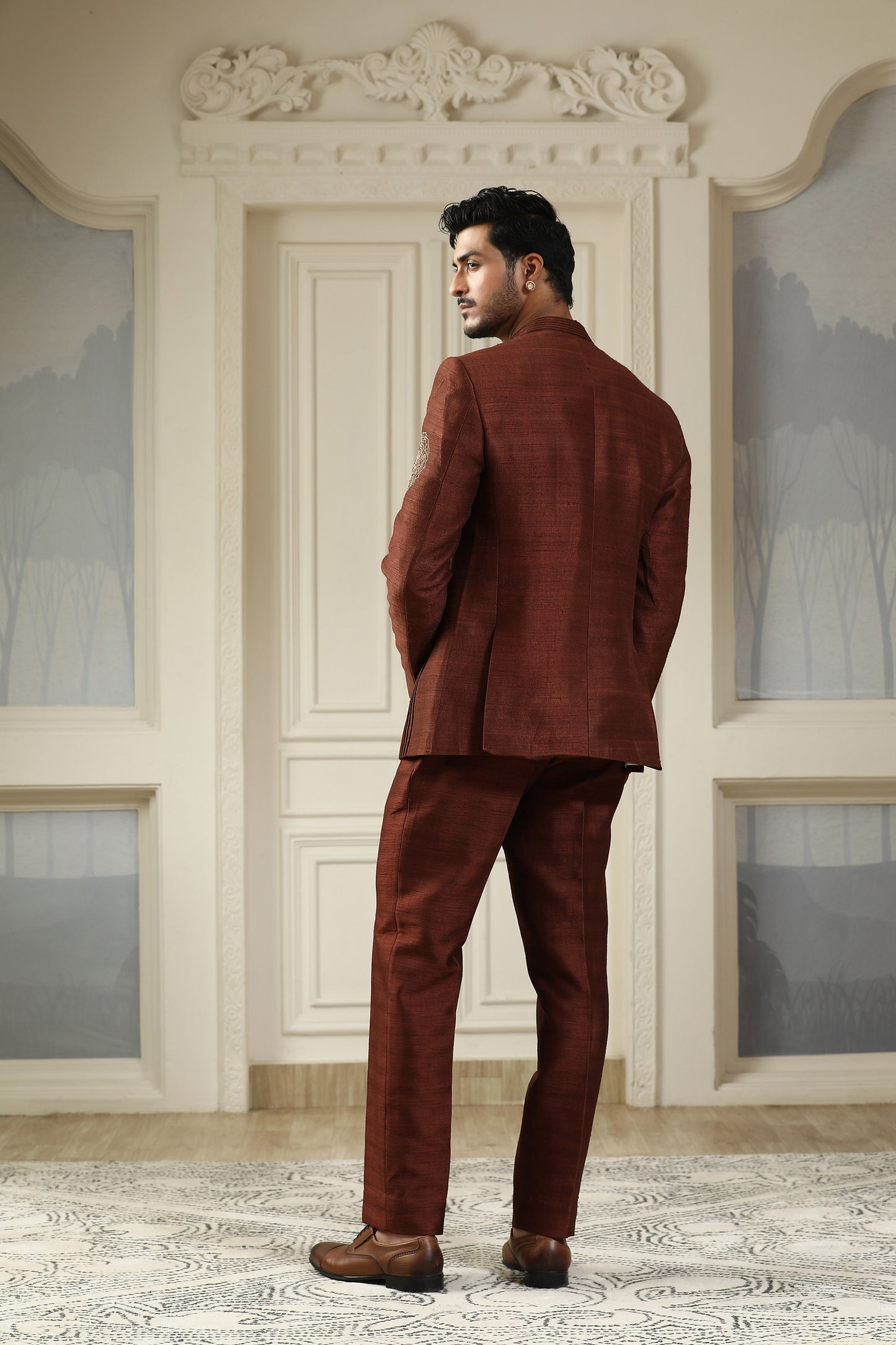 Samay Chakra - Brown Silk Pearl Embroidery Festive Bandhgala Set