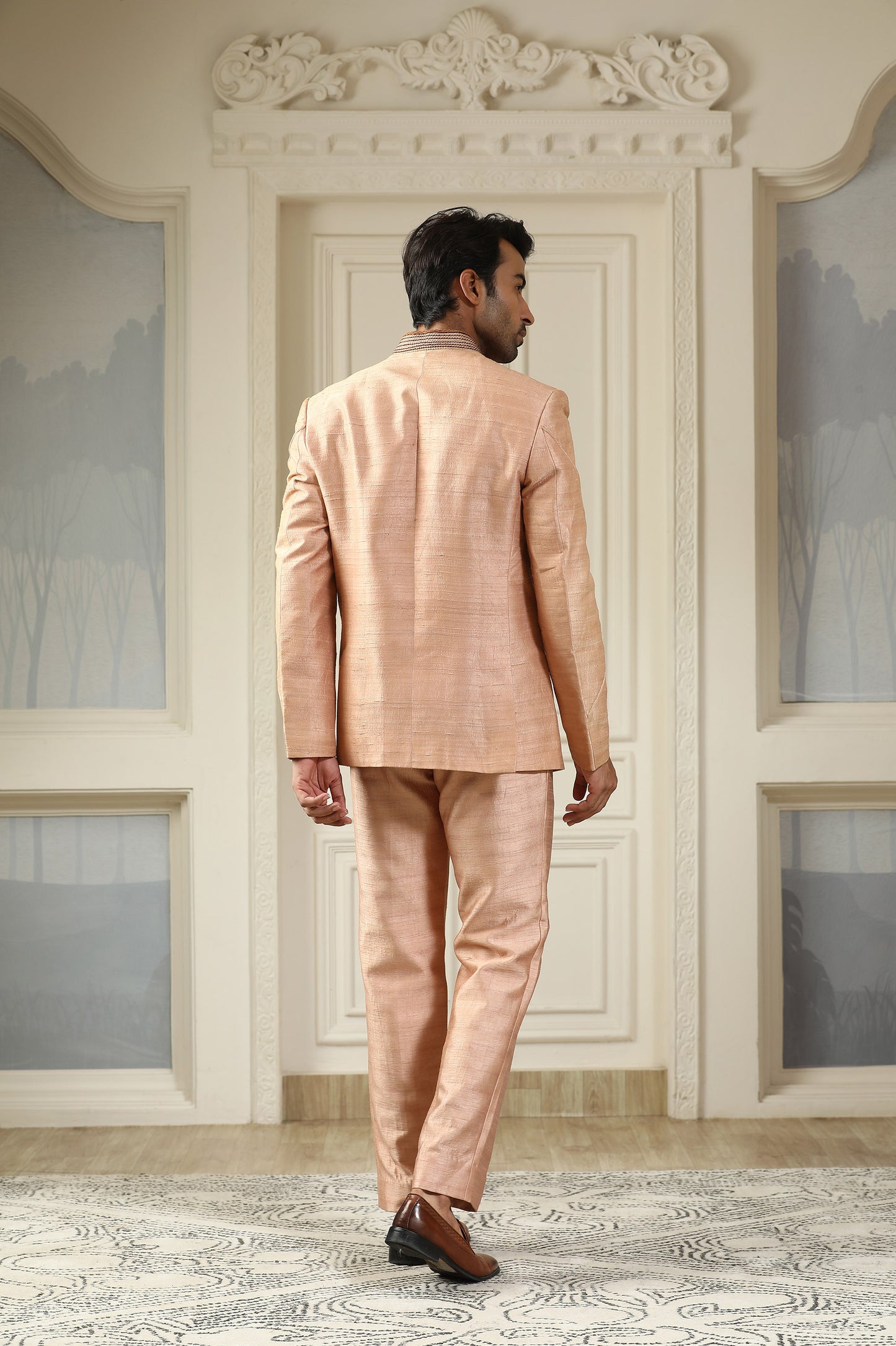 Bhura Netra- Brown Silk Wave Pattern Metallic Piping Work Festive Bandhgala