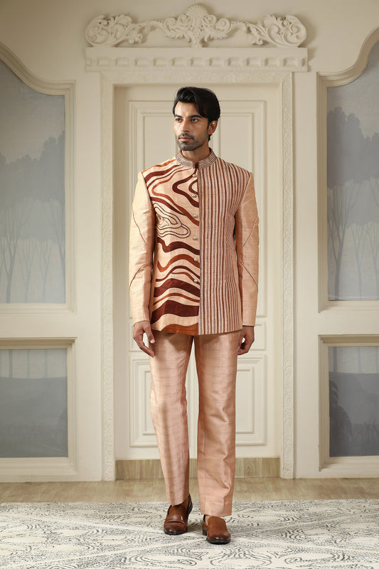 Bhura Netra- Brown Silk Wave Pattern Metallic Piping Work Festive Bandhgala