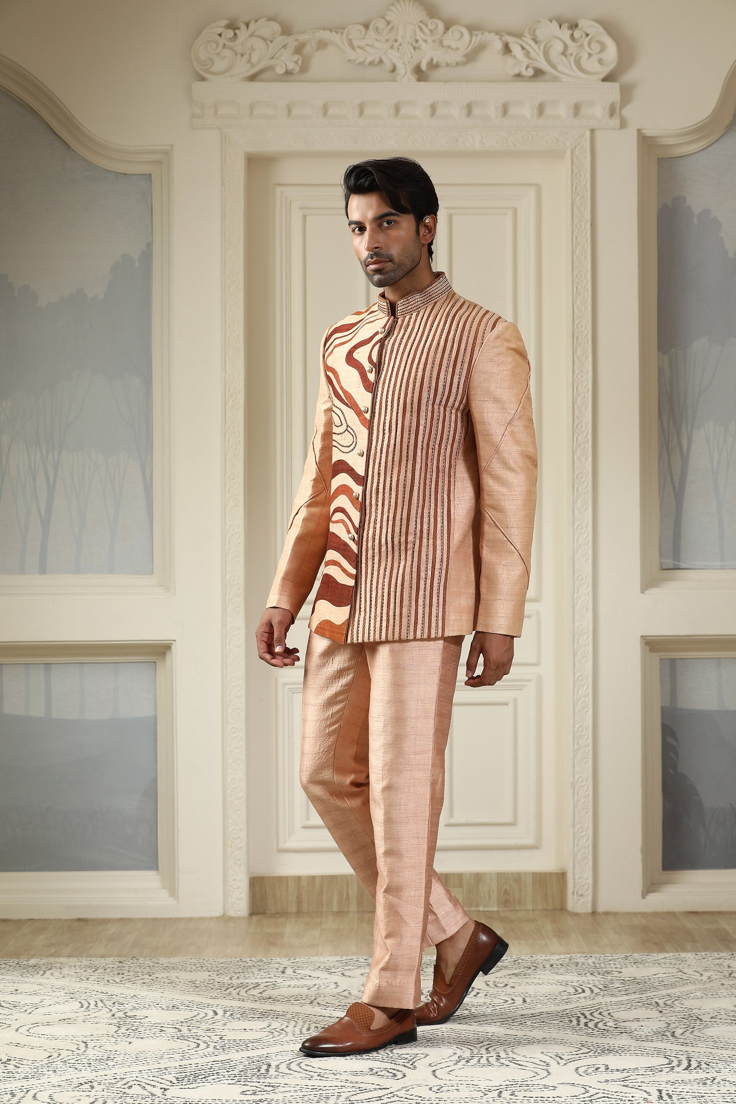 Bhura Netra- Brown Silk Wave Pattern Metallic Piping Work Festive Bandhgala