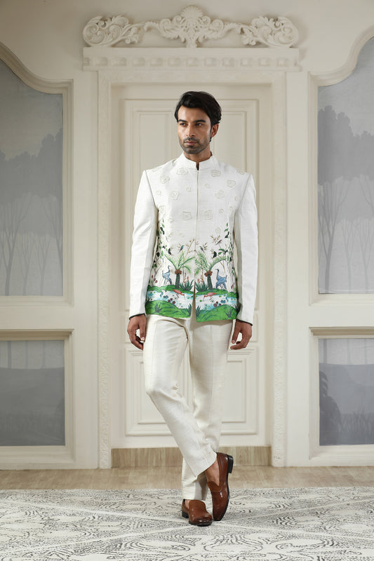 Hansraj - White Handpainted Engagement Bandhgala Set
