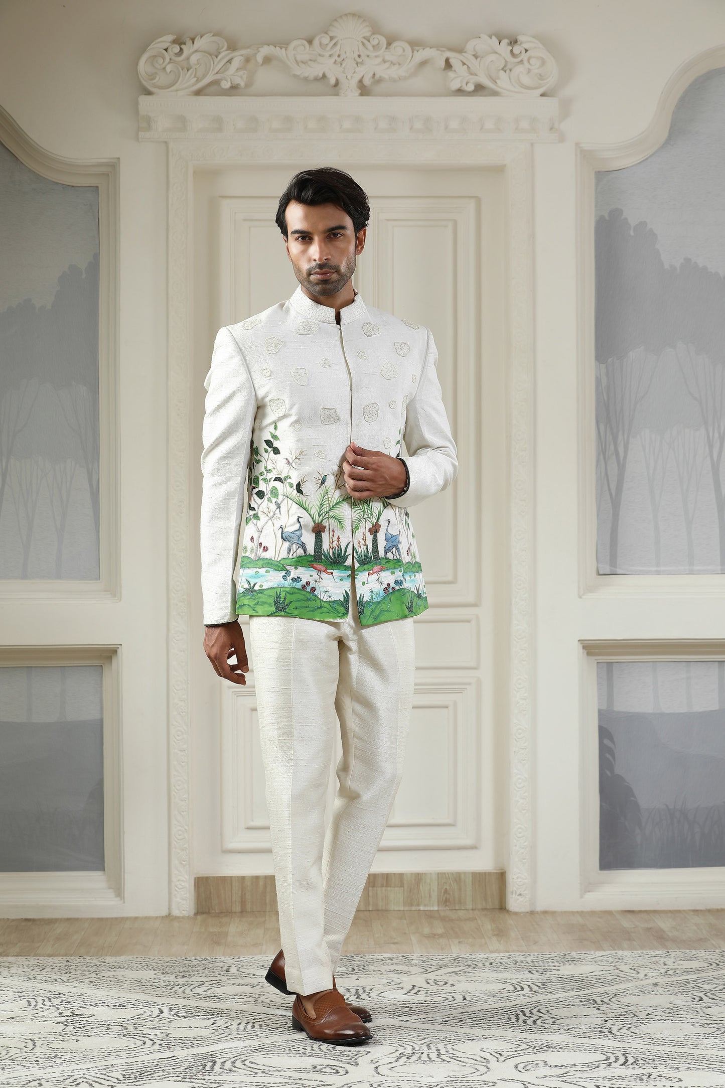 Hansraj - White Handpainted Engagement Bandhgala Set
