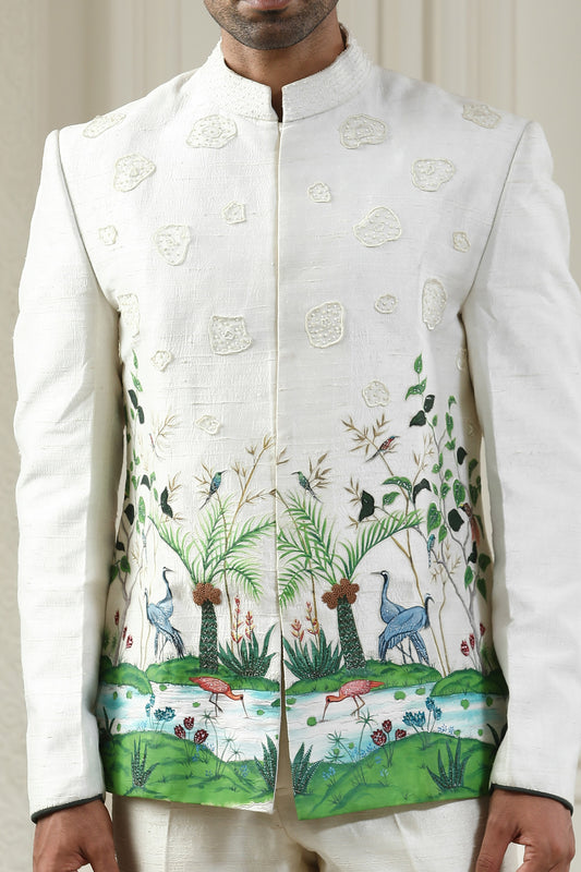 Hansraj - White Handpainted Engagement Bandhgala Set