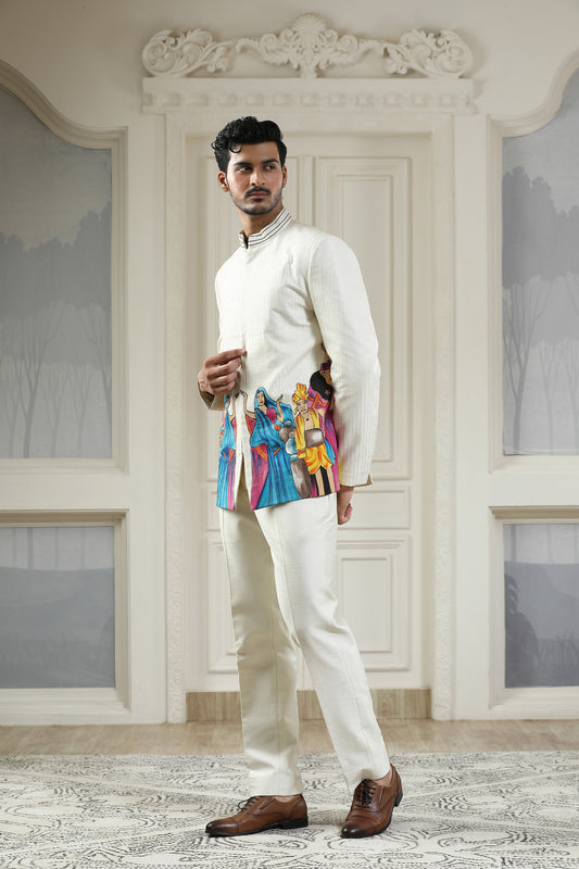 Dancing Village White Silk Handpainted Festive Bandhgala