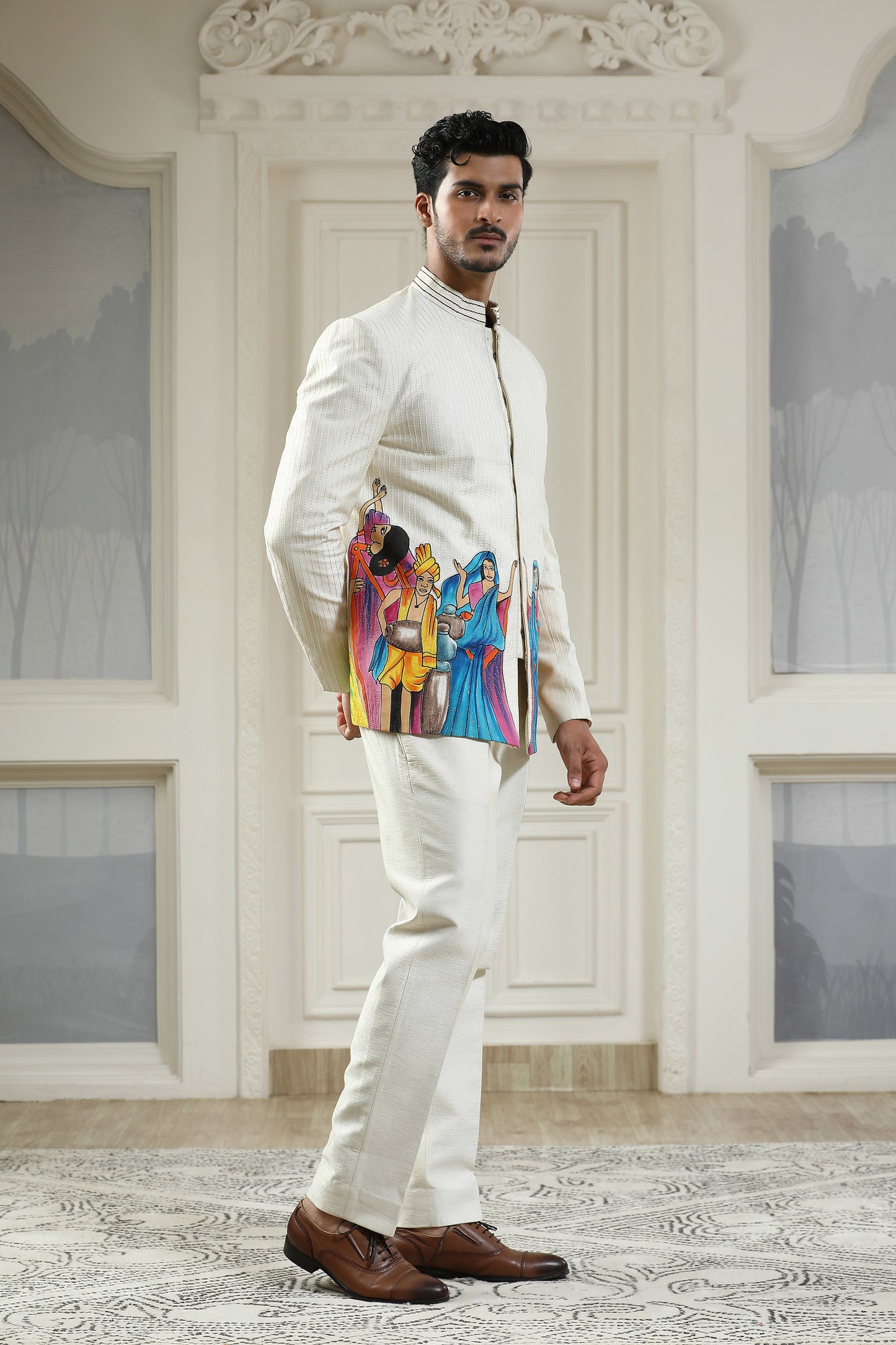 Dancing Village White Silk Handpainted Festive Bandhgala