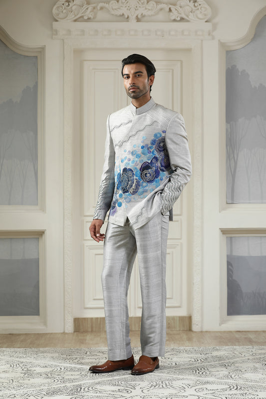 Samudra - Grey Silk Handpainted Festive Bandhgala Set