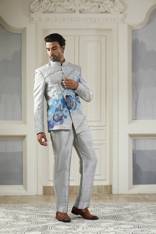 Samudra - Grey Silk Handpainted Festive Bandhgala Set