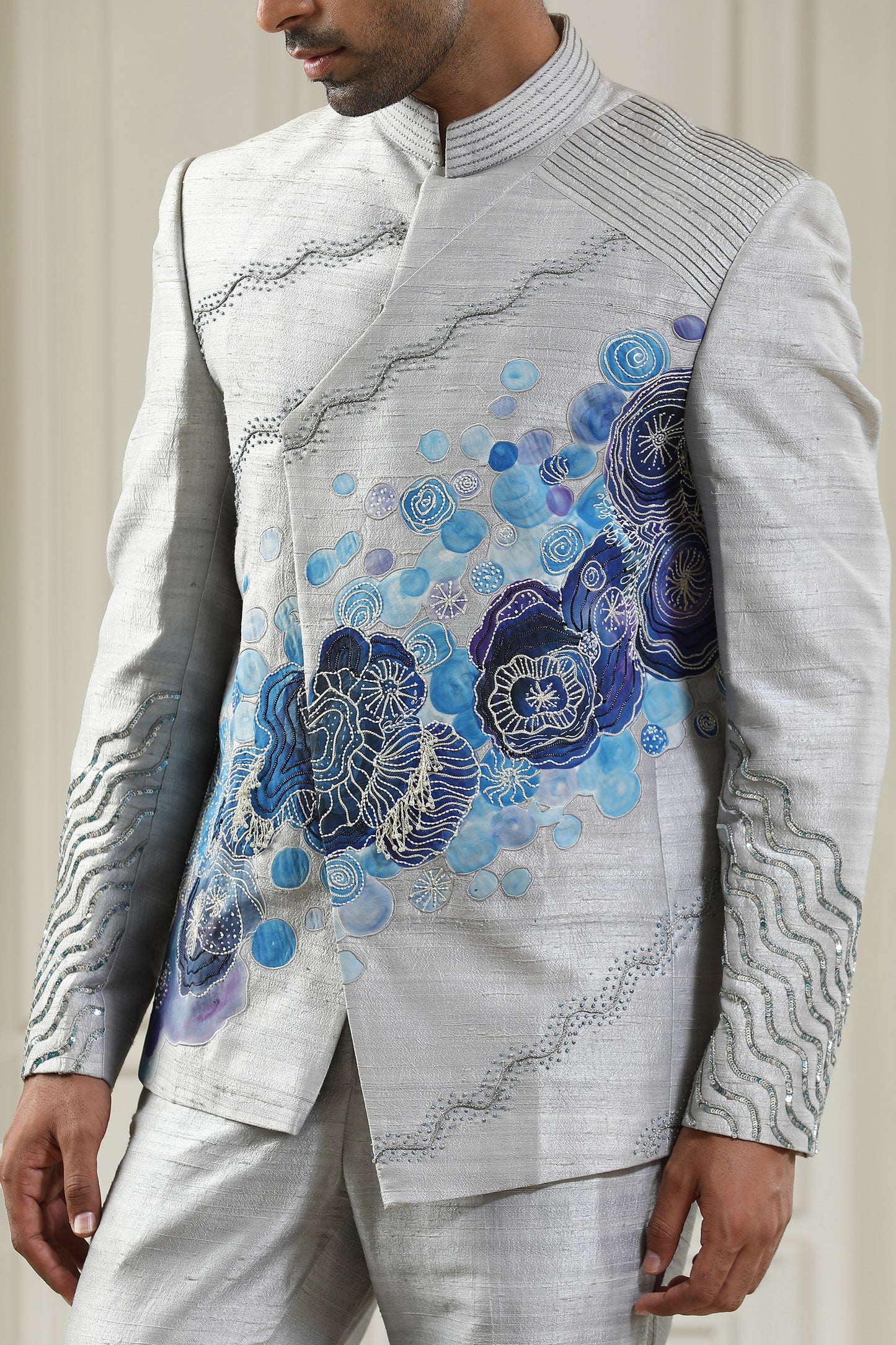 Samudra - Grey Silk Handpainted Festive Bandhgala Set