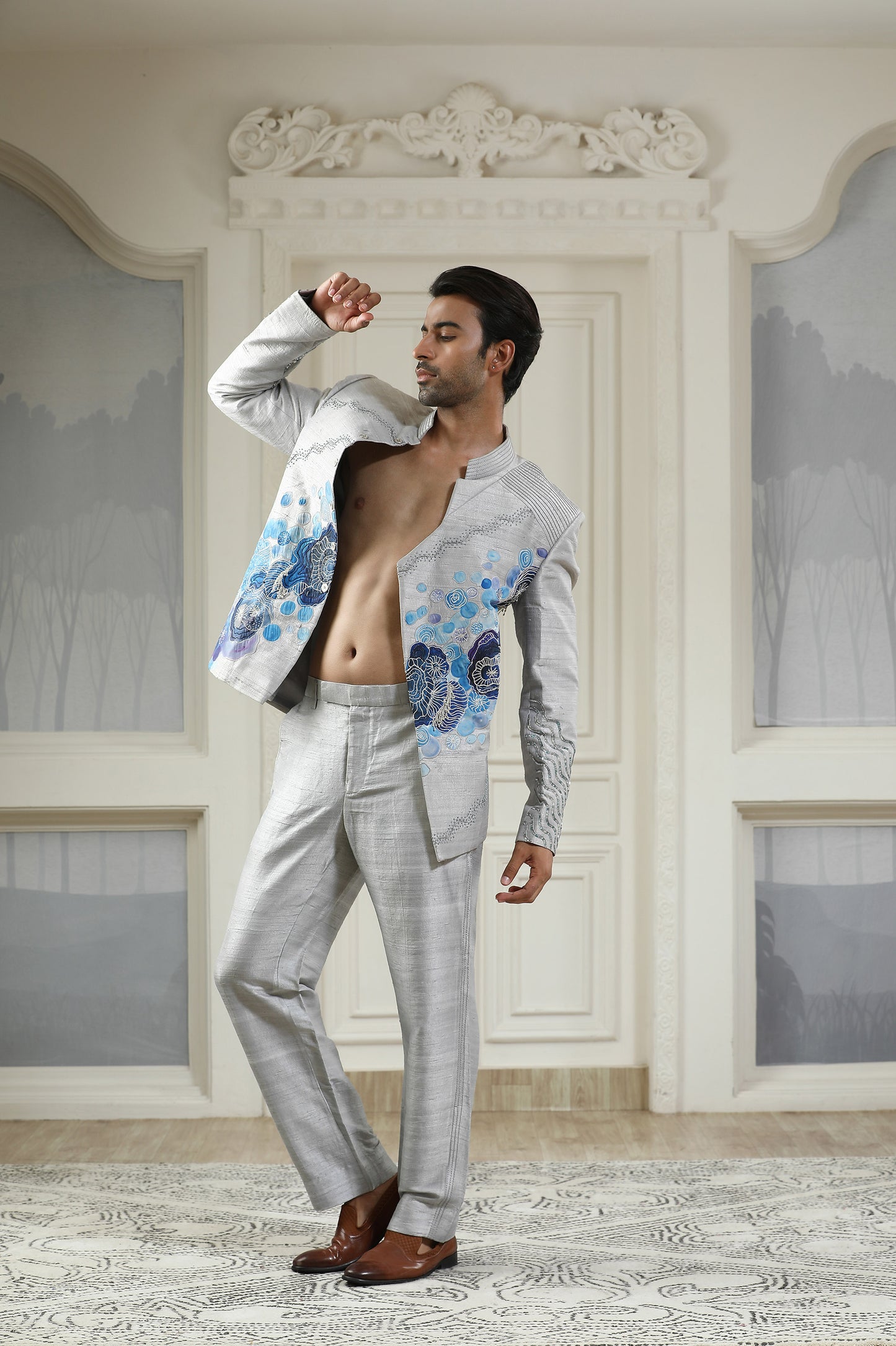 Samudra - Grey Silk Handpainted Festive Bandhgala Set