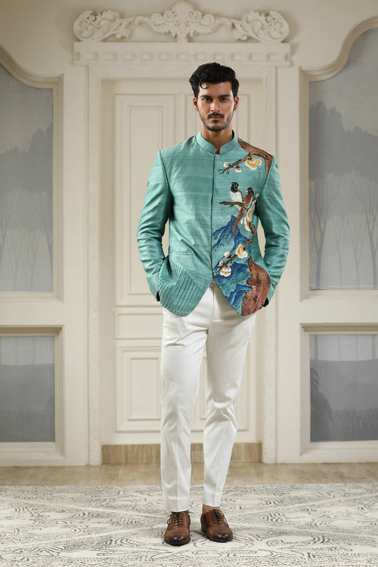 Neel Panchi -  Sea Green Hand Painted Embroidered Mehendi Bandhgala Set