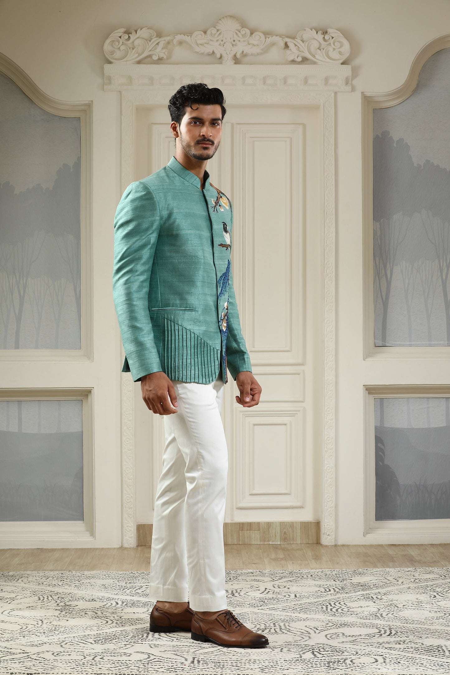 Neel Panchi -  Sea Green Hand Painted Embroidered Mehendi Bandhgala Set