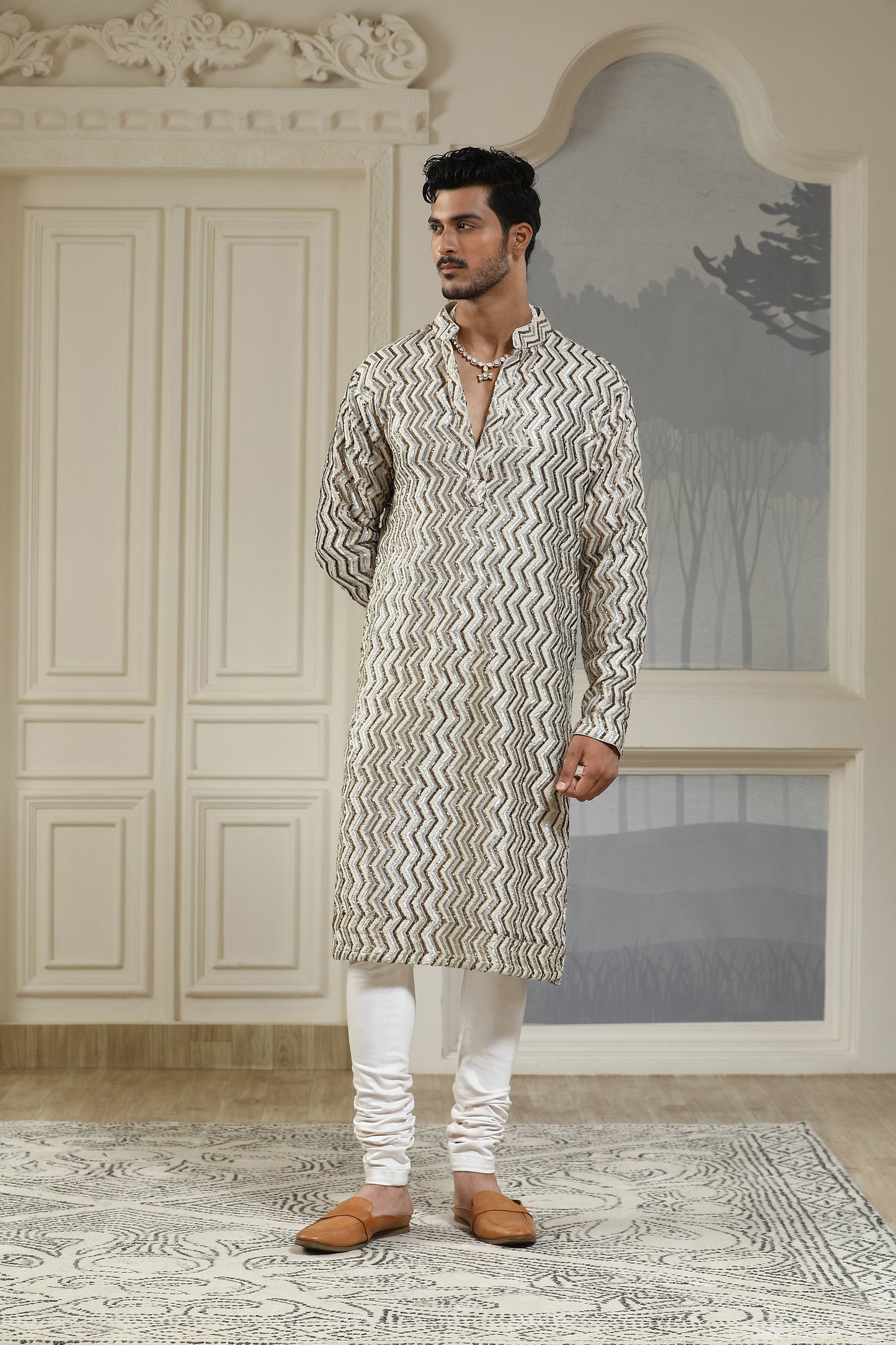 Cream Georgette & Cotton Lycra Resham Work  Casual Kurta Set